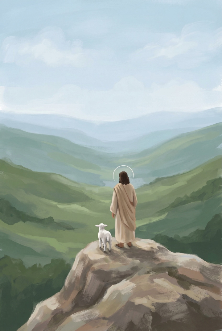 A robed figure seen from behind stands on a rocky cliff beside a small white lamb and looks out over rolling green valleys under a pale blue sky. A thin halo circles the figure’s head, adding a peaceful devotional feeling to the landscape.