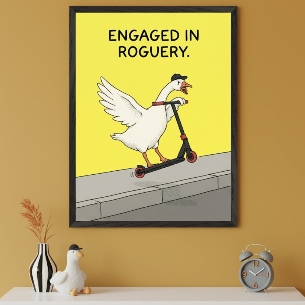 Modern room with a mustard yellow wall and a white shelf. A framed cartoon print of a goose in a black cap riding a scooter with text "ENGAGED IN ROGUERY" hangs above the shelf. A striped vase, goose plush, and alarm clock are on the shelf.