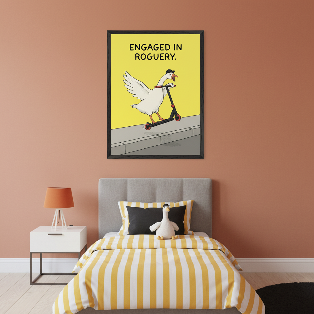 Kid's bedroom with an orange-brown wall. A gray bed with yellow & white striped bedding & a goose plush toy is beside a white nightstand. Above the bed, a framed poster with a yellow background features black text 'ENGAGED IN ROGUERY.' & a cartoon goose riding a scooter on a sidewalk.