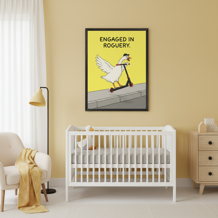 Modern nursery with yellow walls. A large framed poster depicting a cartoon goose in a hat riding a scooter with the text "ENGAGED IN ROGUERY" hangs centered above a white crib. A cream armchair and wooden dresser are also in the room.