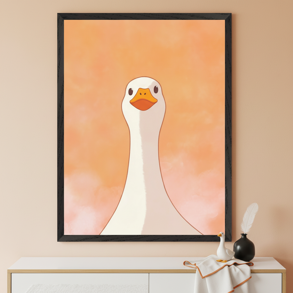 Modern room with a white dresser. A large framed cartoon print of a white goose looking directly forward, on an orange watercolor background, hangs centered above the dresser. A small goose figurine, black vase with a feather, and a folded towel are on the dresser.