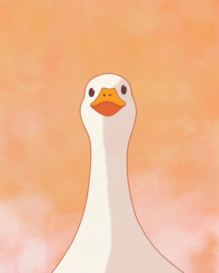 A cartoon goose with a white body and an orange beak is centered against a warm, peach-colored background, looking directly at the viewer with a curious expression.