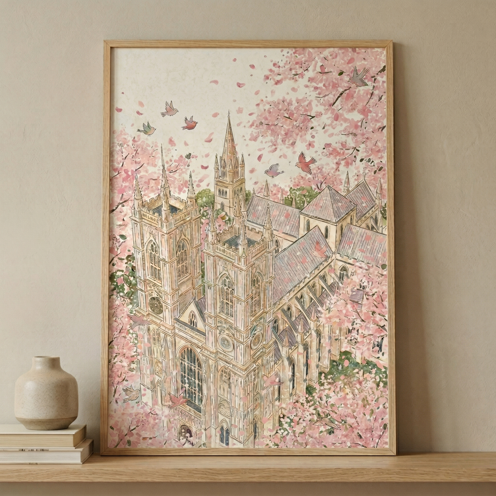 A detailed illustration featuring an ornate gothic cathedral surrounded by vibrant pink cherry blossom trees. The building is intricately drawn with multiple towers, spires, and arched windows, showing fine architectural detail. Soft pink blossoms and falling petals create a whimsical atmosphere, with small birds flying across the scene. The artwork is presented in a simple, light-wood frame and is resting on a wooden shelf against a neutral-toned wall. 