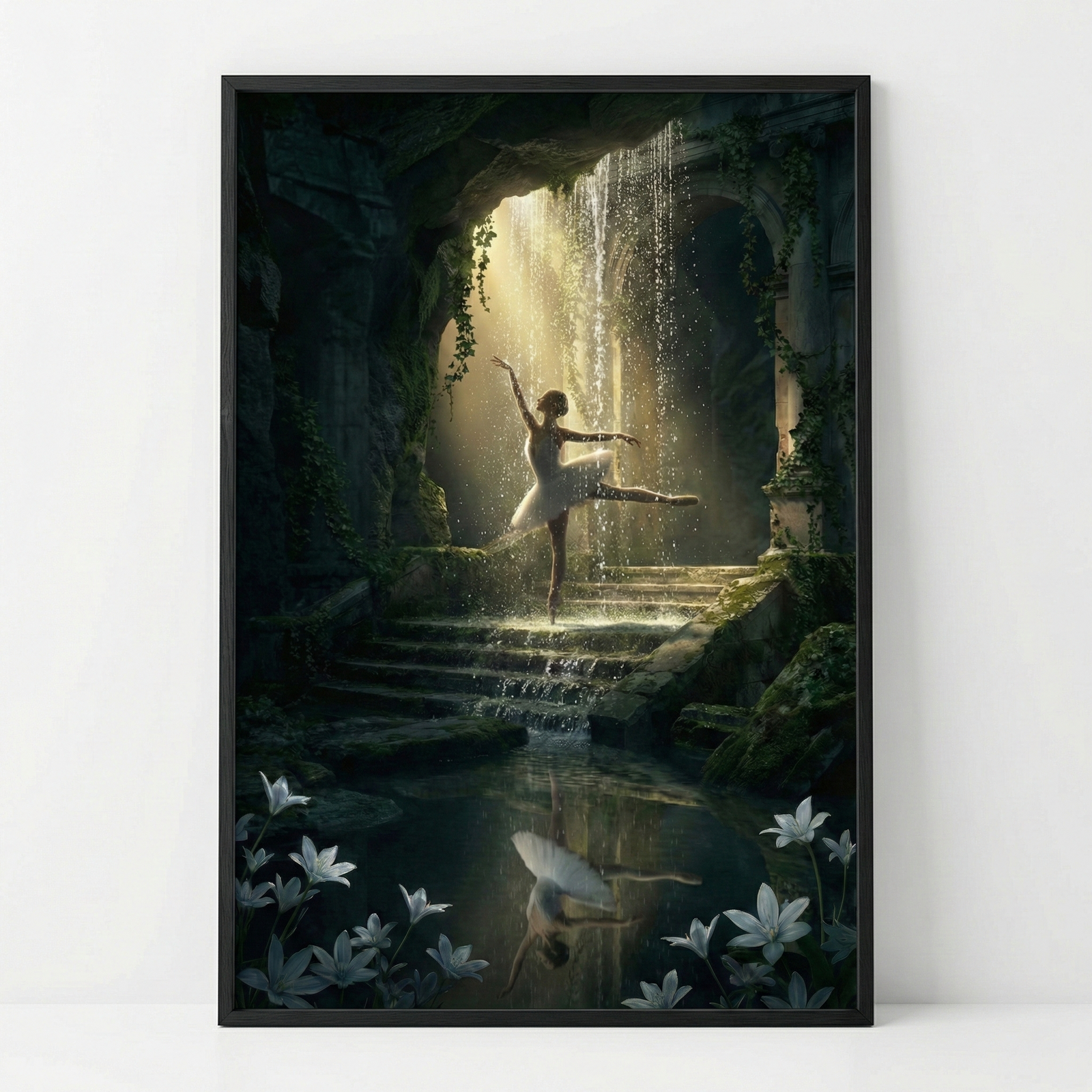A graceful ballerina dances under a waterfall in a lush, ivy-covered cave, her reflection shimmering in the pool below, surrounded by delicate white flowers.
