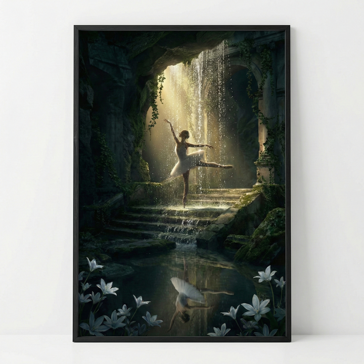 A graceful ballerina dances under a waterfall in a lush, ivy-covered cave, her reflection shimmering in the pool below, surrounded by delicate white flowers.