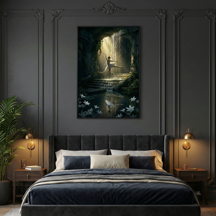 A stylish bedroom features a large, elegant painting above a dark velvet bed. The artwork depicts a ballerina gracefully posing under a sunlit waterfall, surrounded by lush greenery and white flowers. Warm lighting from wall-mounted lamps and a potted plant add to the room's sophisticated ambiance.