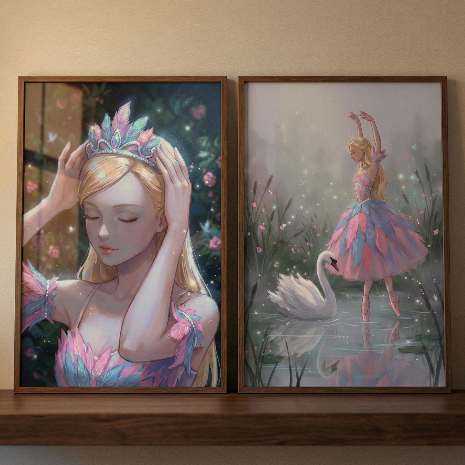 Two vertical framed artworks sit side-by-side on a dark wooden shelf. The left frame shows a portrait of a blonde woman with closed eyes, gently touching a crown made of vibrant pink and blue feathers. On the right, a full-body illustration depicts a blonde ballerina in a matching feathered tutu dancing on a tranquil, misty pond next to a white swan. Both pieces feature a dreamy, ethereal aesthetic with soft lighting and delicate floral elements in the backgrounds.