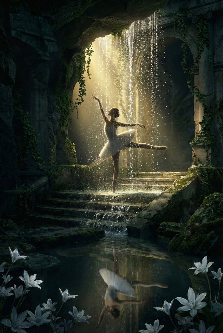 A graceful ballerina in a white tutu performs a pose under a shimmering waterfall within a mossy stone cavern. Radiant shafts of golden sunlight illuminate the dancer and countless sparkling water droplets. She stands on ancient, vine-draped steps leading to a dark pool that captures her clear reflection. In the foreground, elegant white lilies frame the scene. The atmosphere is mystical and serene, showcasing a blend of natural light and ancient, overgrown architectural ruins.