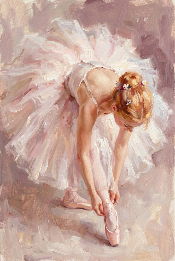 An impressionistic artwork depicting a ballerina bending forward to adjust a pink pointe shoe. She wears a voluminous, multilayered tutu in soft whites and pale pinks. Her blonde hair is swept up into a bun, accented with small white flowers. The piece is characterized by thick, visible brushstrokes and a muted color palette of cream, mauve, and rose, giving it a textured and ethereal quality. The focus is on the graceful, quiet moment of preparation before a performance.