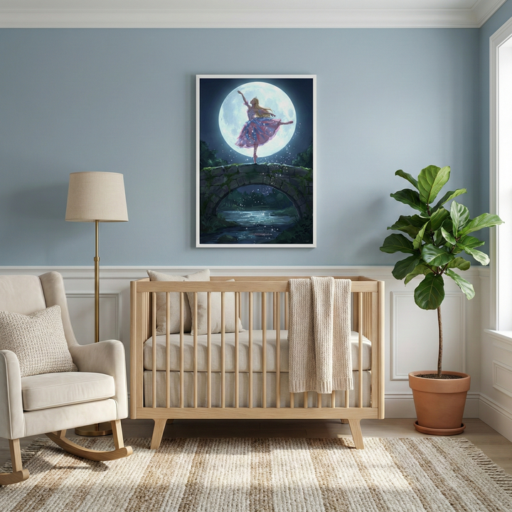 A well-lit nursery features light blue walls and a neutral-toned striped rug. A light-colored wooden crib sits in the center, flanked by a cream-colored rocking chair with a textured pillow on the left and a large green leafy plant in a terracotta pot on the right. A tall floor lamp with a beige shade stands next to the chair. Above the crib, a large framed artwork depicts a female figure in a purple dress dancing atop a stone bridge. 