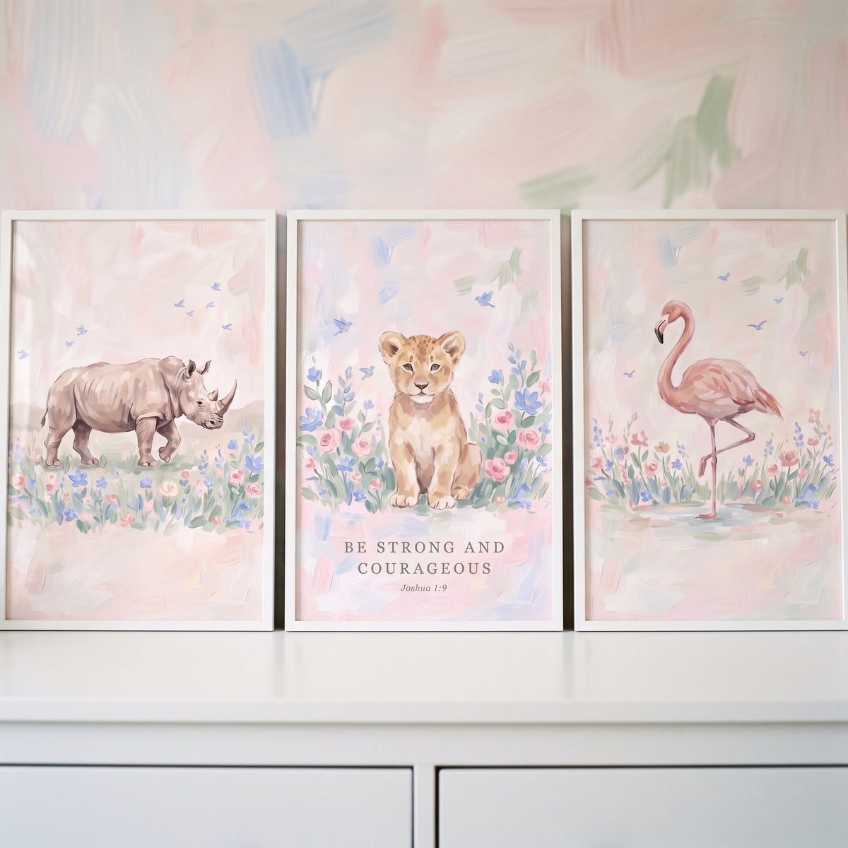 Graceful Floral Safari Animals Artwork Set Of 3 - Gentle Savanna Spirit