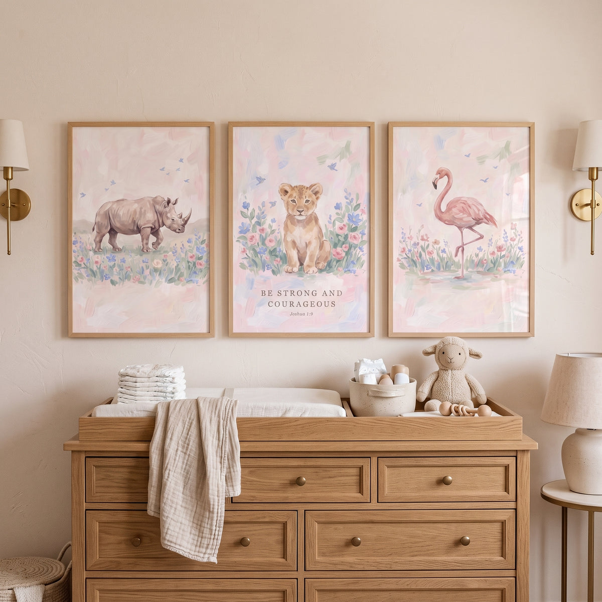 Graceful Floral Safari Animals Artwork Set Of 3 - Gentle Savanna Spirit