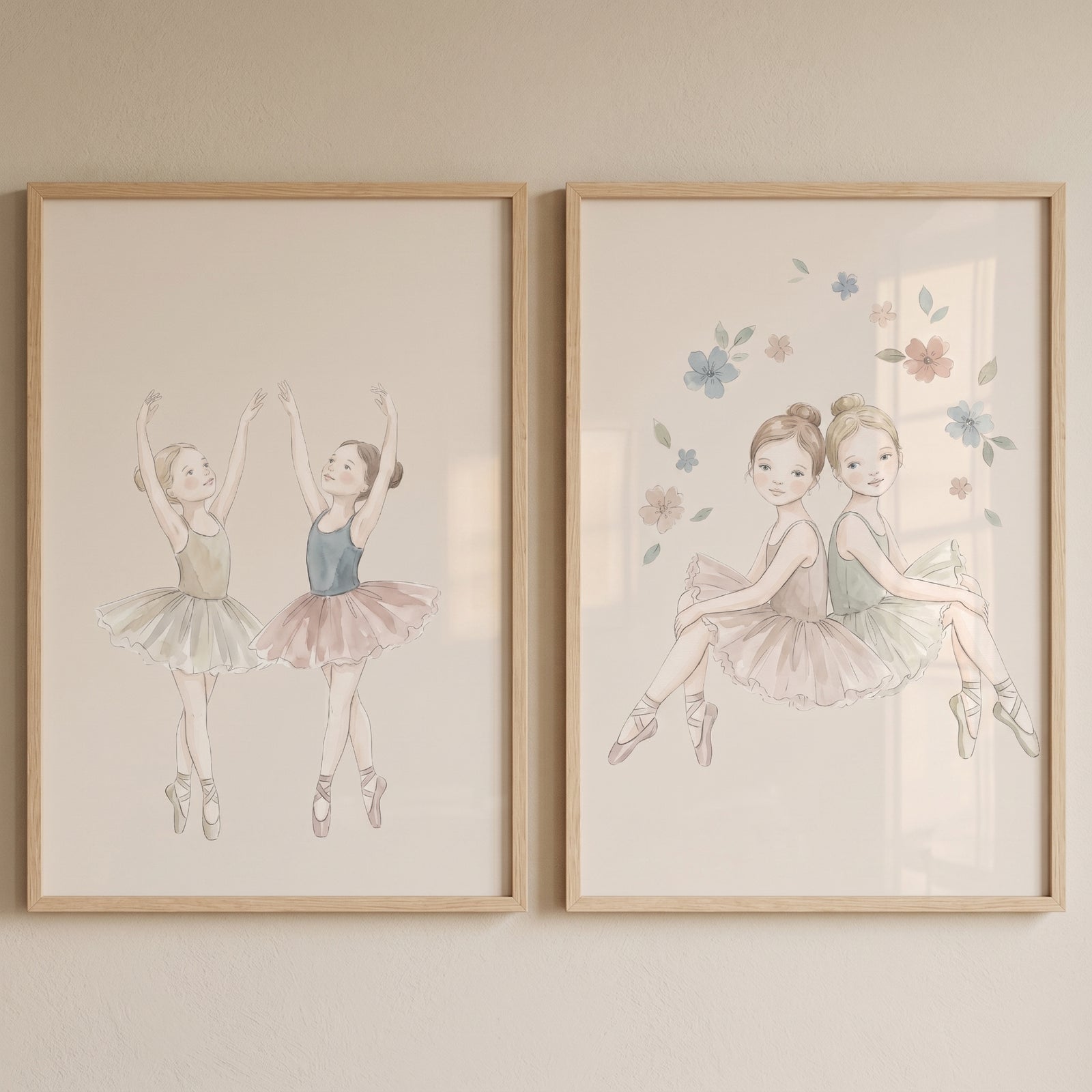 Graceful watercolor little ballerina wall art set of 2 in wood frames showing dancers in tutus and floral accents.