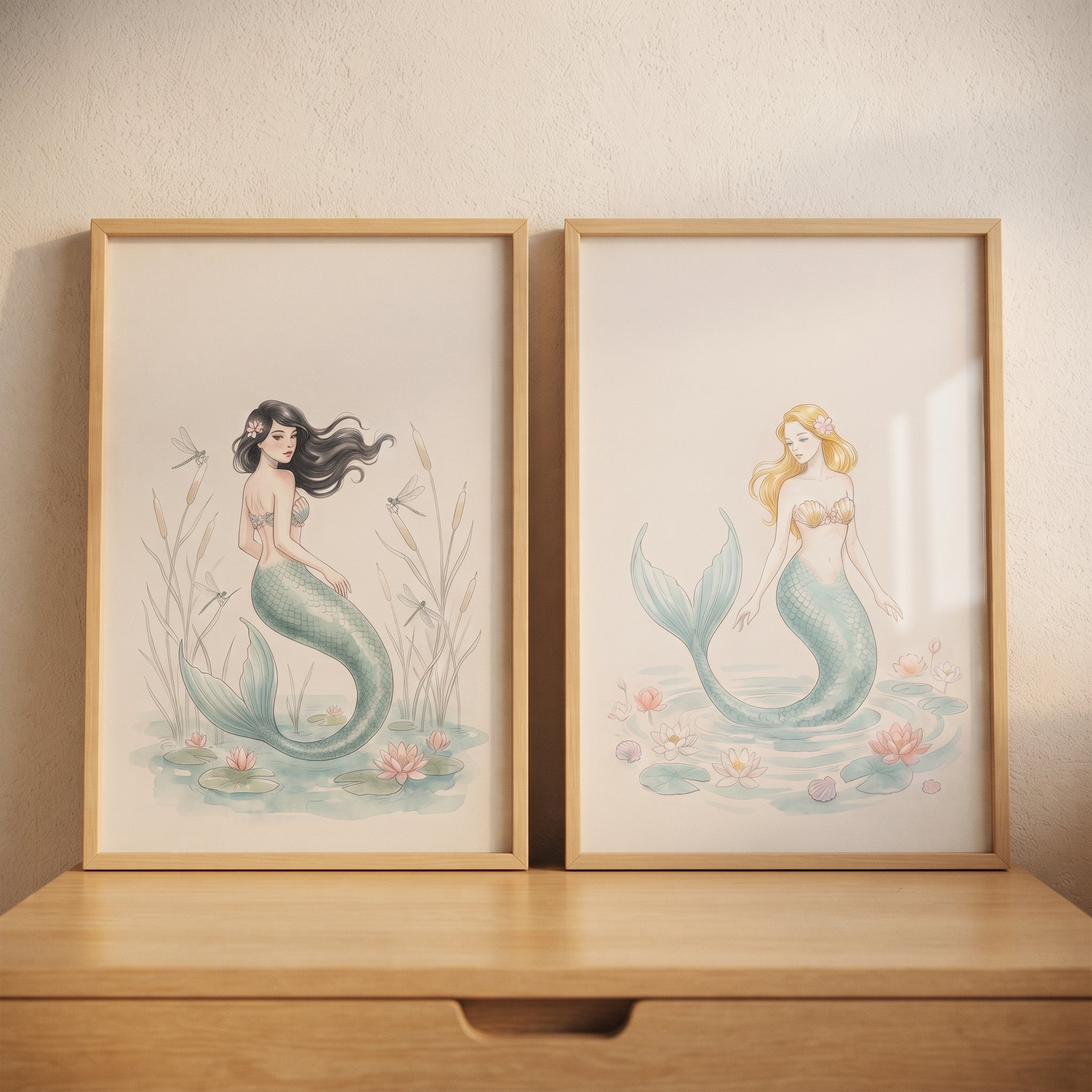 Graceful Watercolor Teal Mermaid Wall Art Set of 2 - Lily Pond Mermaids
