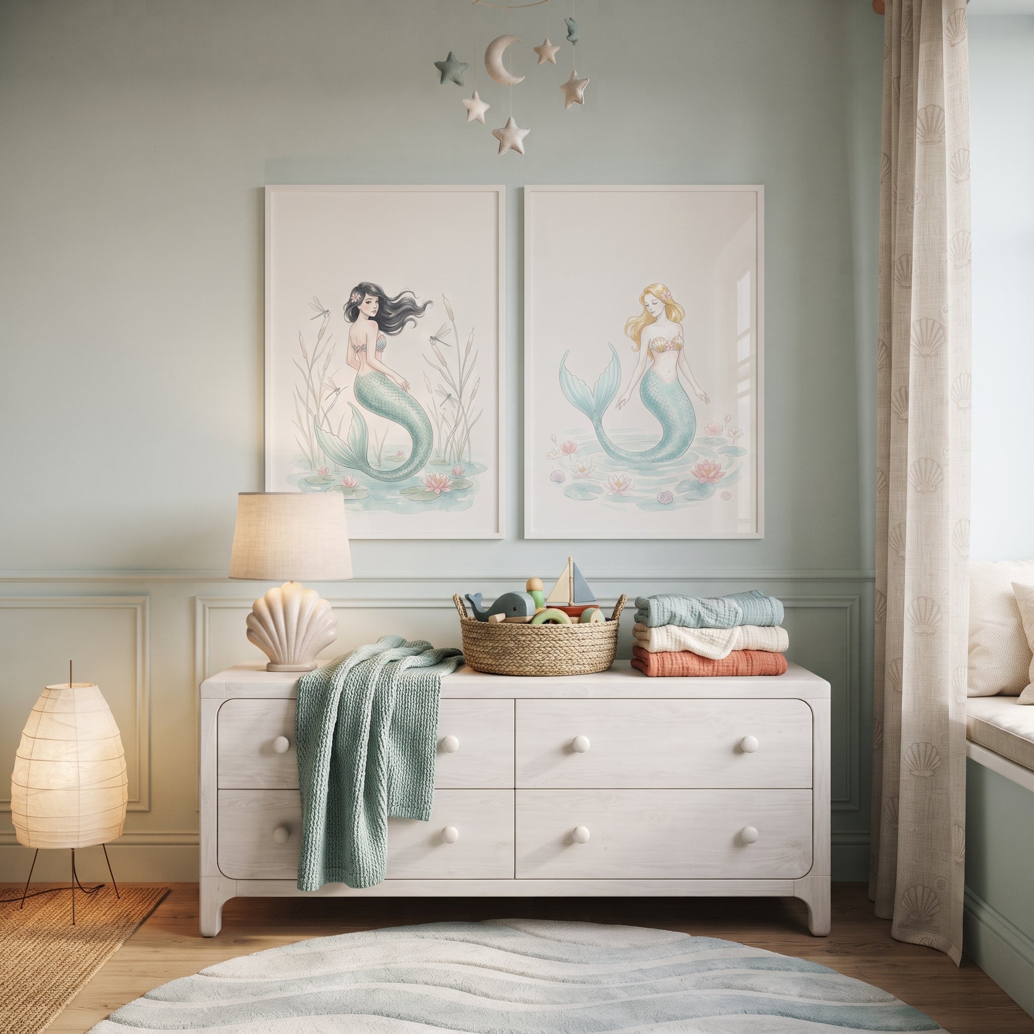 Graceful Watercolor Teal Mermaid Wall Art Set of 2 - Lily Pond Mermaids