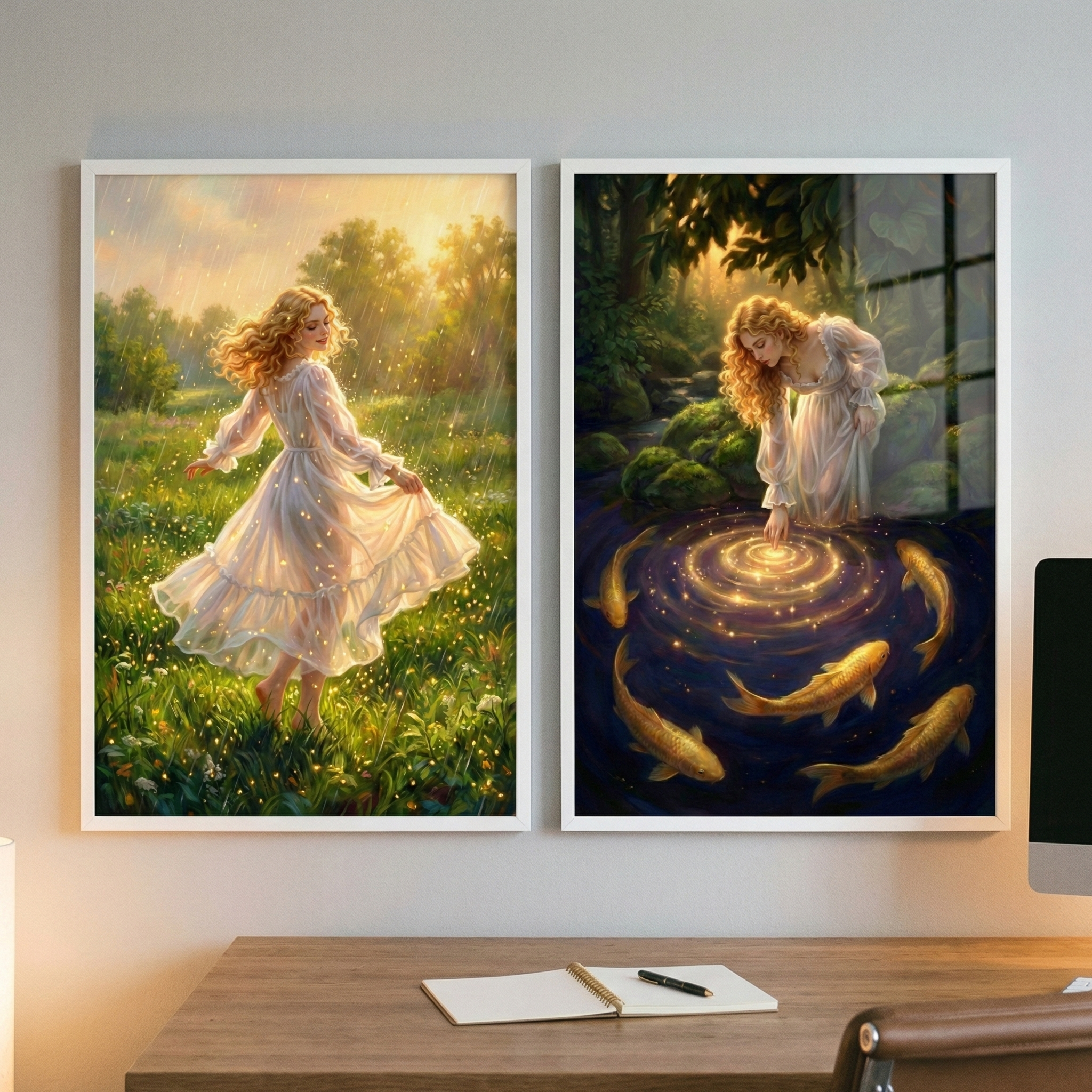 Two vertical white frames hang on a neutral wall above a light-colored wooden desk. The desk holds a simple open notebook and a dark pen. To the left, a soft light source creates a warm atmosphere. The frame on the left contains an ethereal scene of a woman with long, curly blonde hair wearing a flowing white dress, twirling in a sunlit meadow of tall grass and yellow flowers during a light, sparkling rain. 