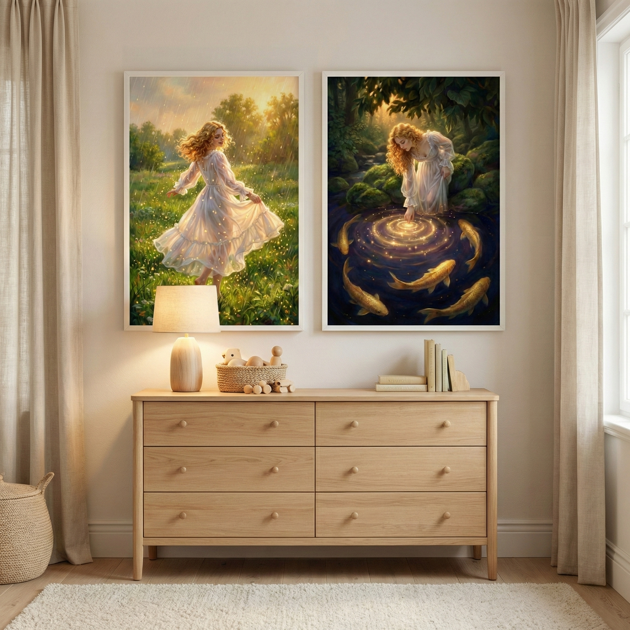 Two framed illustrations hang above a light-wood dresser in a bright room. The left image shows a woman with long golden hair in a flowing white gown twirling in a sunlit meadow filled with tiny flowers. The right image depicts the same woman kneeling by a dark forest pond, touching the water to create glowing ripples as golden fish swim around her. On the dresser are a simple lamp, a basket of wooden toys, and a few books. Neutral curtains and a textured rug complete the peaceful setting.