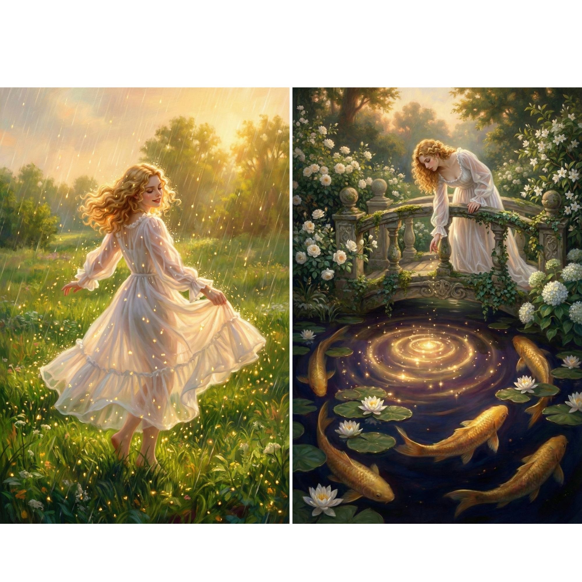 Two romantic fantasy style paintings of a woman in a flowing white dress set in glowing natural landscapes. One scene shows her twirling barefoot through a sunlit meadow in gentle rain with golden light sparkling around her, while the other captures her leaning over a stone bridge toward a pond filled with lily pads, white flowers, and golden fish circling in luminous water. 