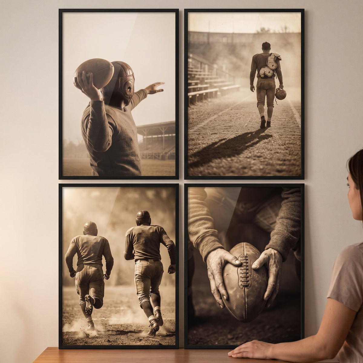 Grainy sepia vintage football sports wall art set of 4 featuring players in action and a close-up of hands holding a ball.