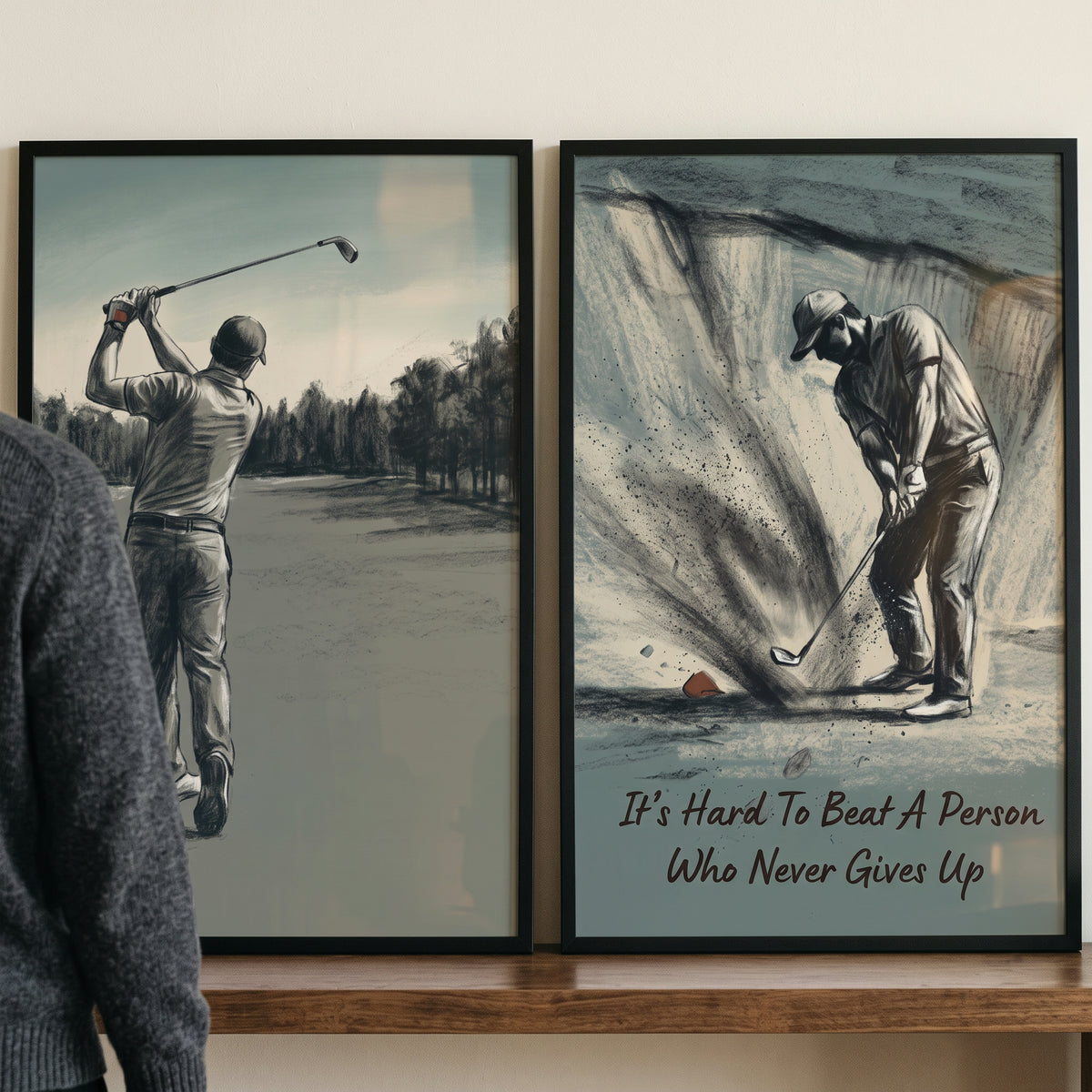 Grainy teal golfer sports wall art set of 2 featuring sketches of a man swinging a club and another hitting out of a bunker.