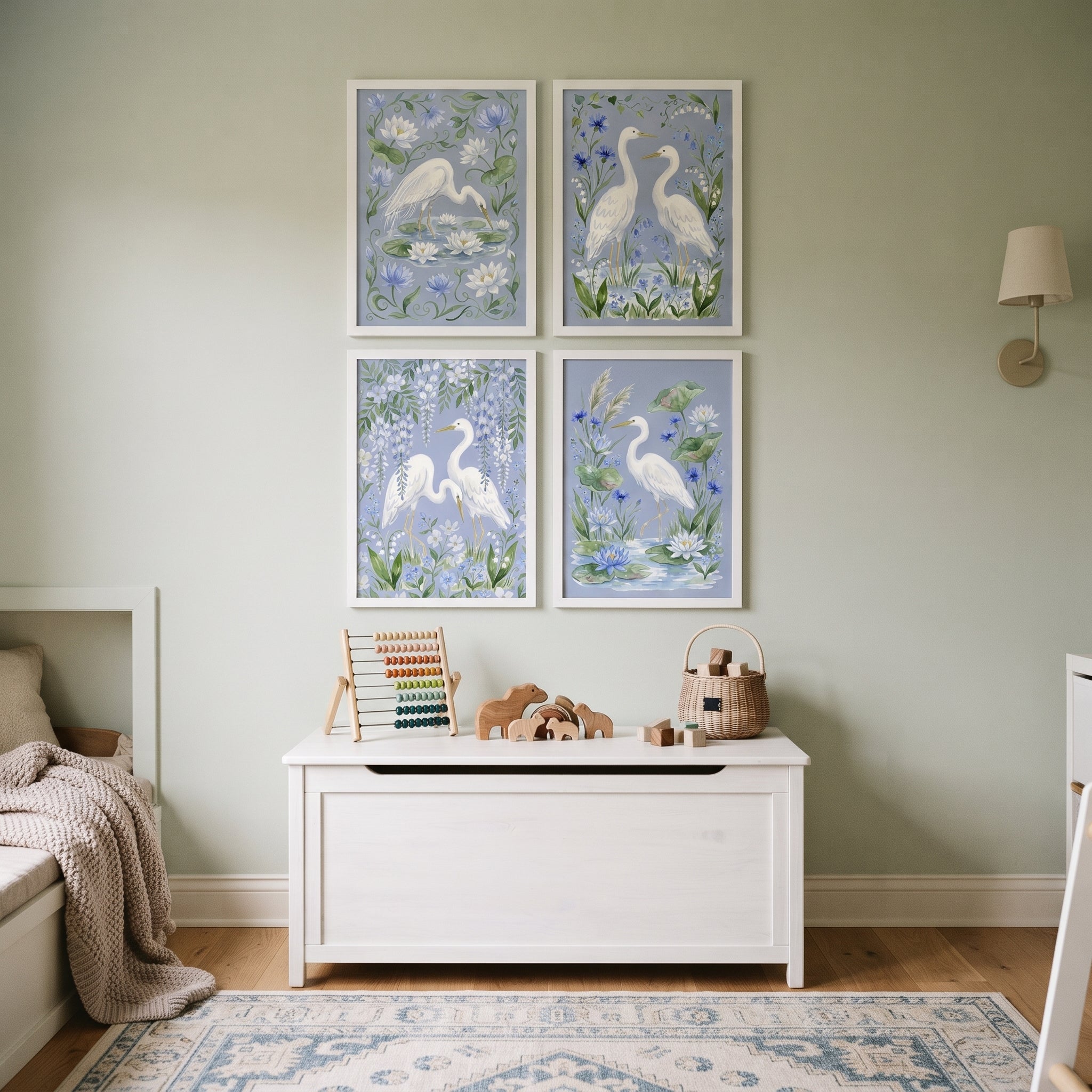 Grandmillennial Blue Floral Heron Bird Wall Art Set of 4 - Elegant Heron Garden