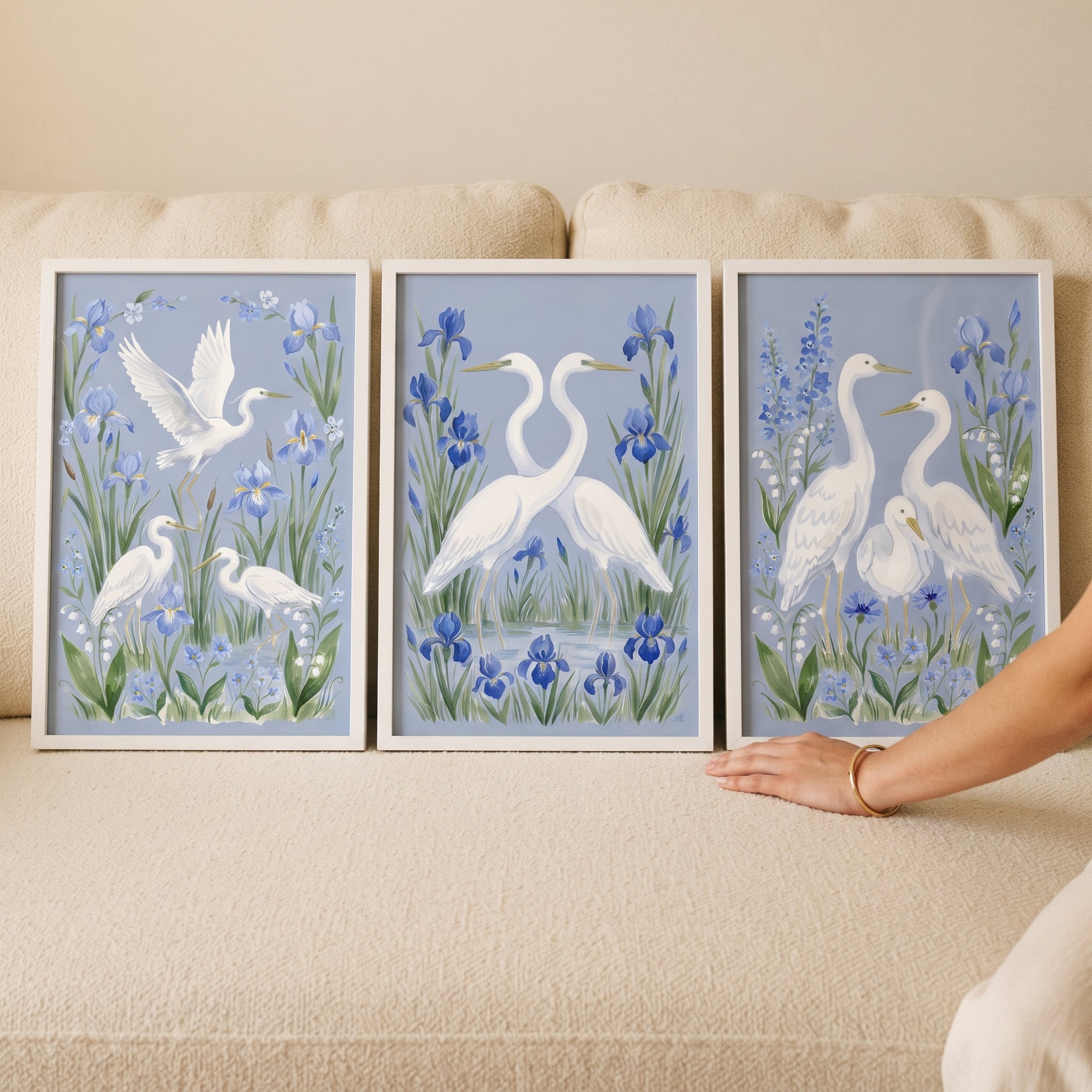 Grandmillennial Blue Iris Bird Egret Wall Art Set of 3 - Serene Blue Garden