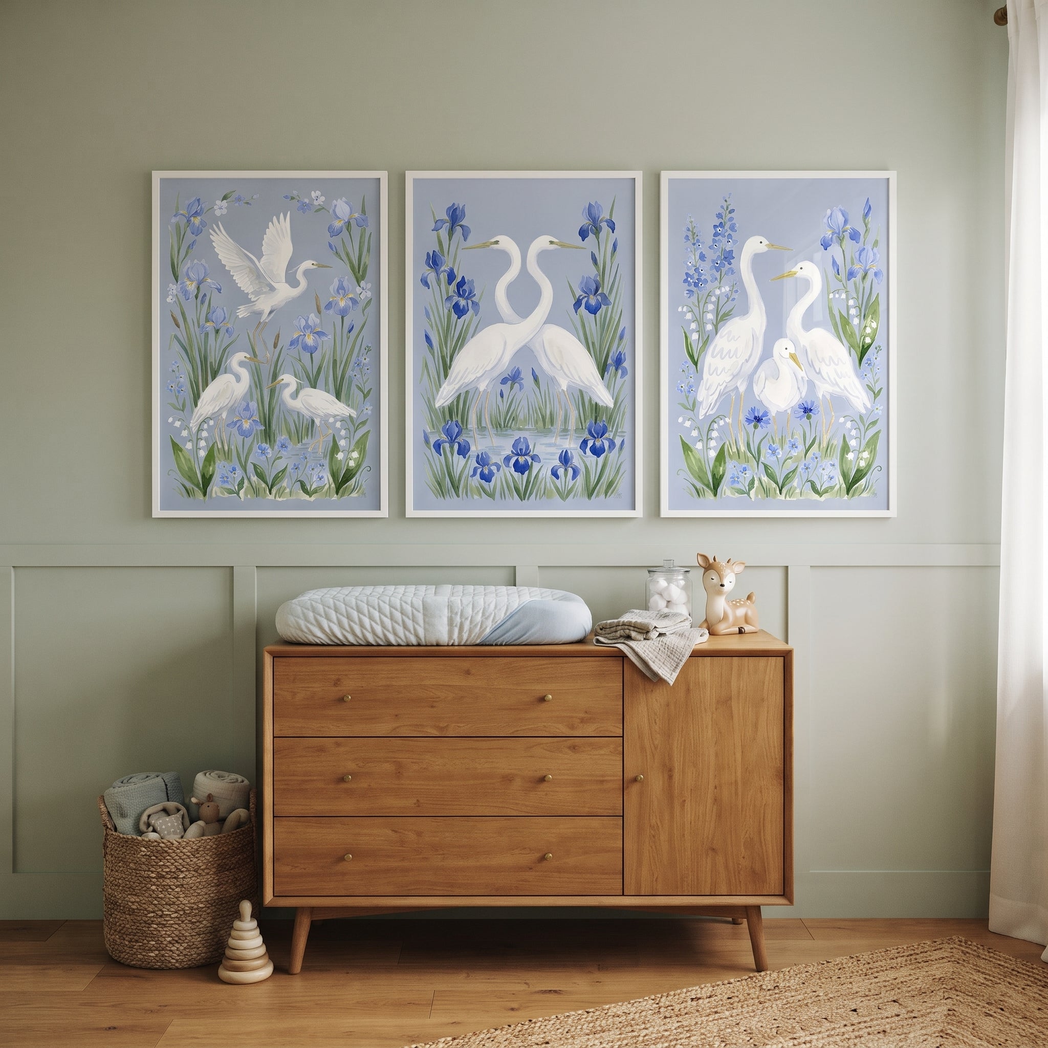 Grandmillennial Blue Iris Bird Egret Wall Art Set of 3 - Serene Blue Garden