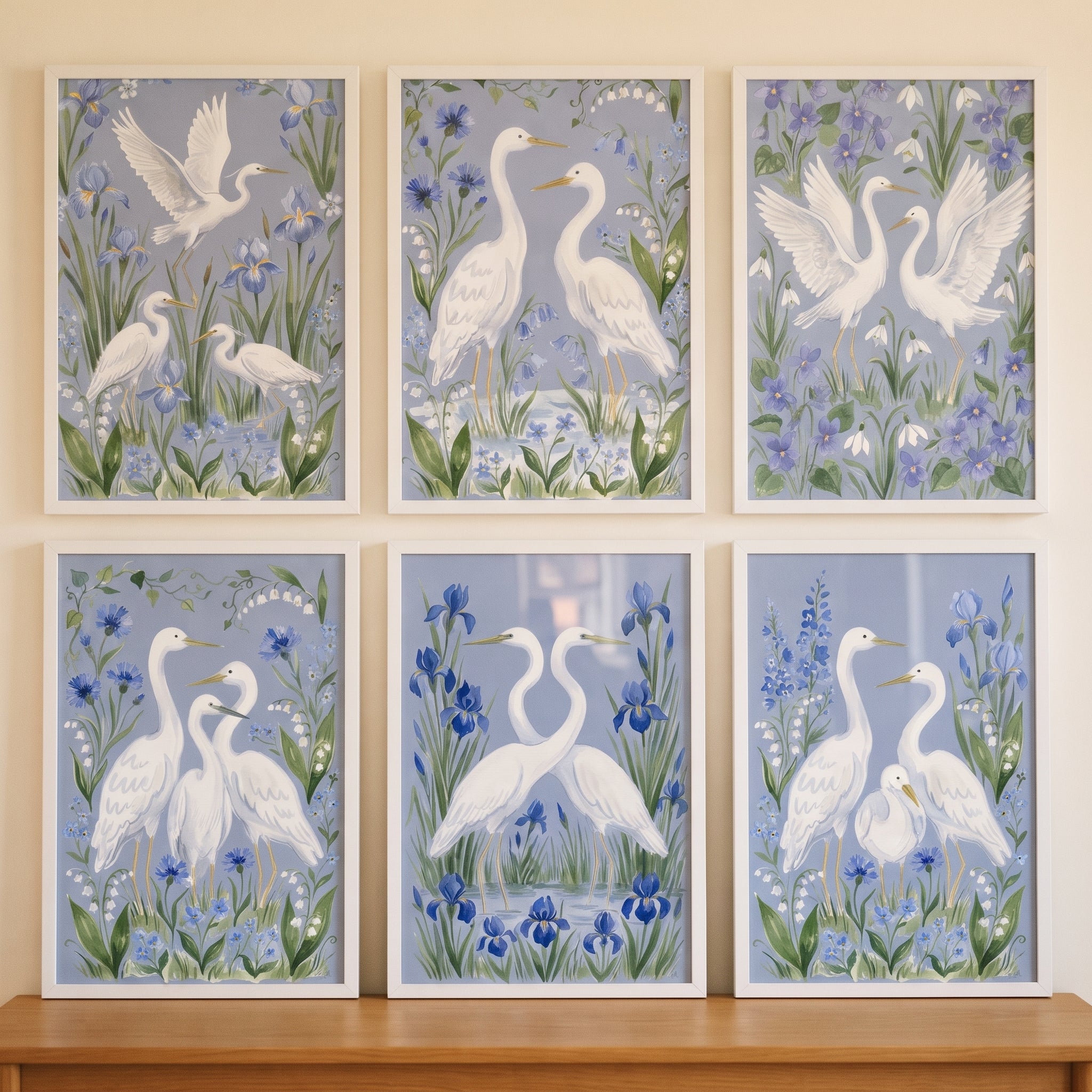 Grandmillennial Blue White Egret Bird Wall Art Set of 6 - Azure Crane Garden