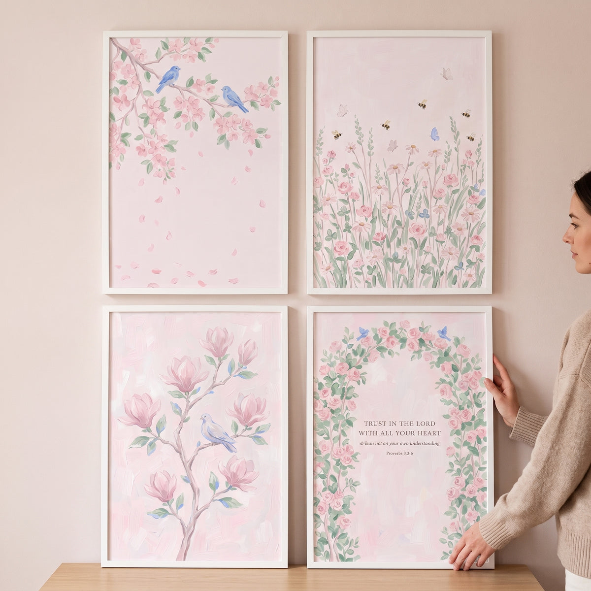 Grandmillennial blush rose garden wall art set of 4 featuring soft pink florals, birds, and a scripture verse.