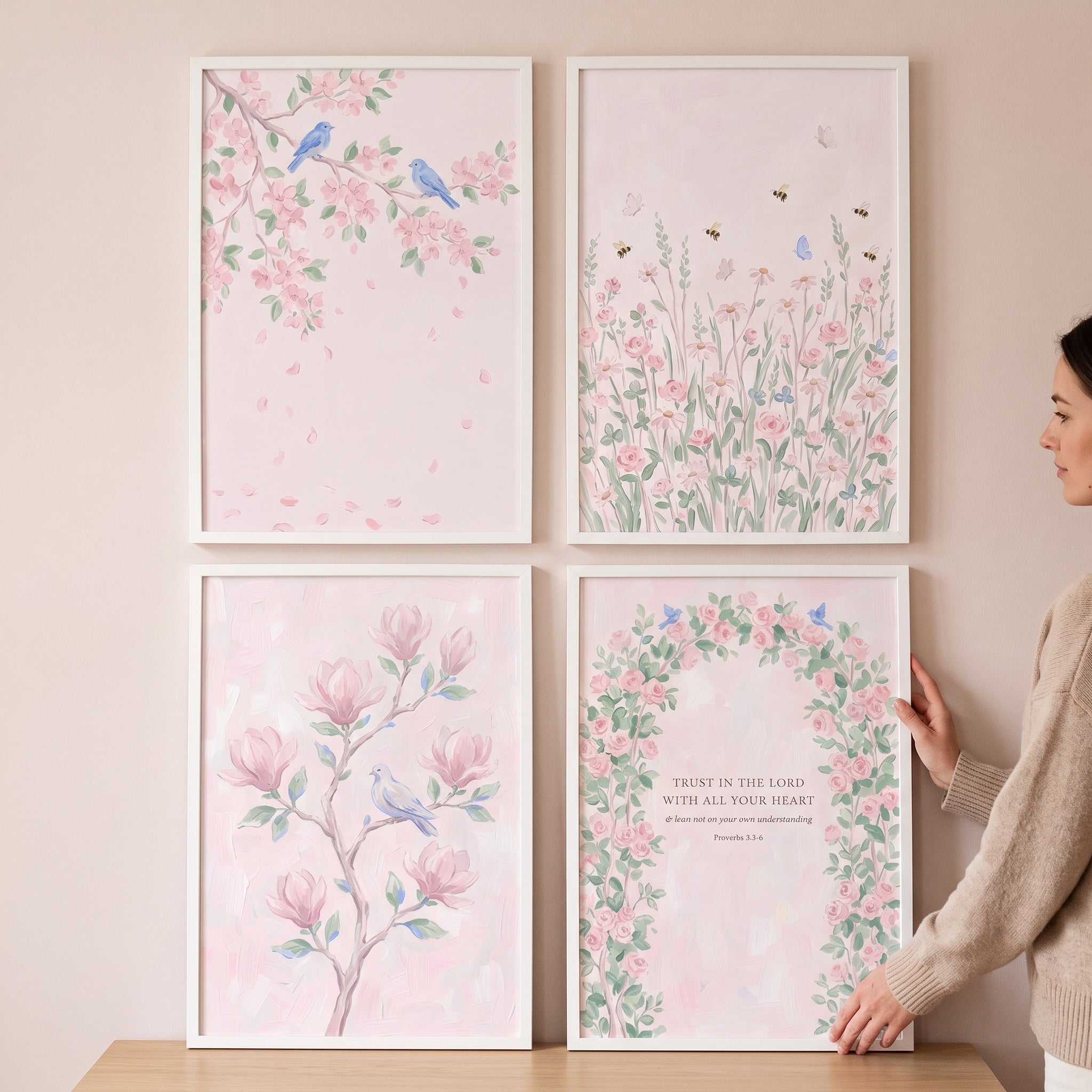 Grandmillennial Blush Rose Garden Wall Art Set of 4 - Serene Garden Blooms