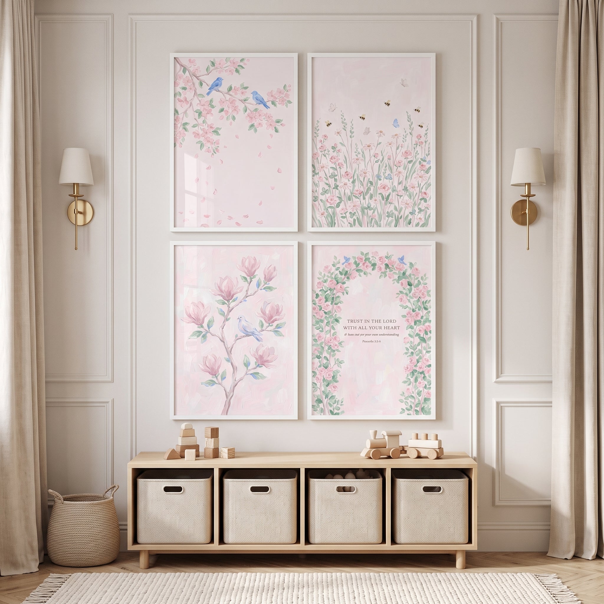 Grandmillennial Blush Rose Garden Wall Art Set of 4 - Serene Garden Blooms