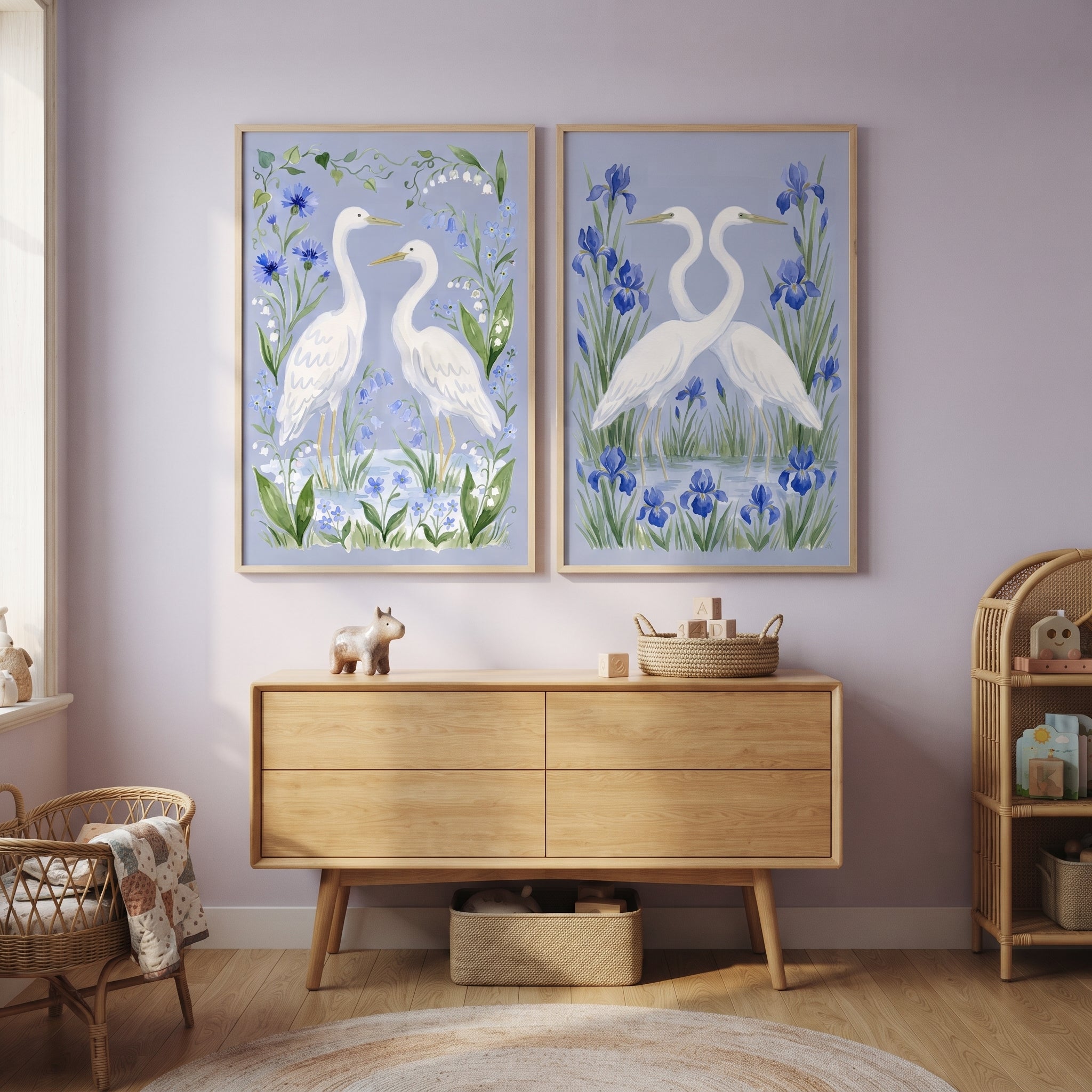 Grandmillennial Botanical Blue Heron Bird Artwork Set of 2 - Elegant Egret Pair