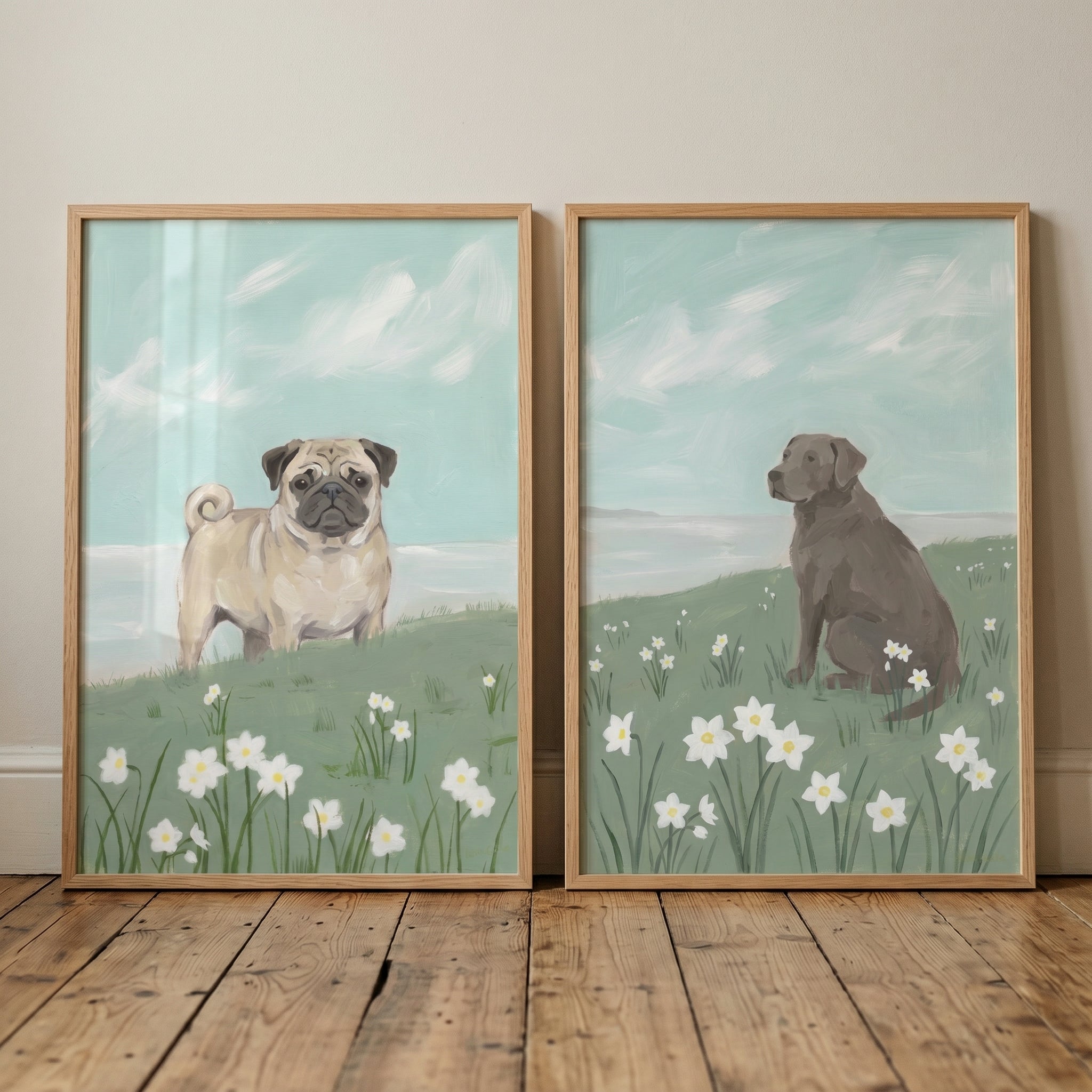Grandmillennial Coastal Meadow Dogs Wall Art Set of 2 - Spring Meadow Dogs