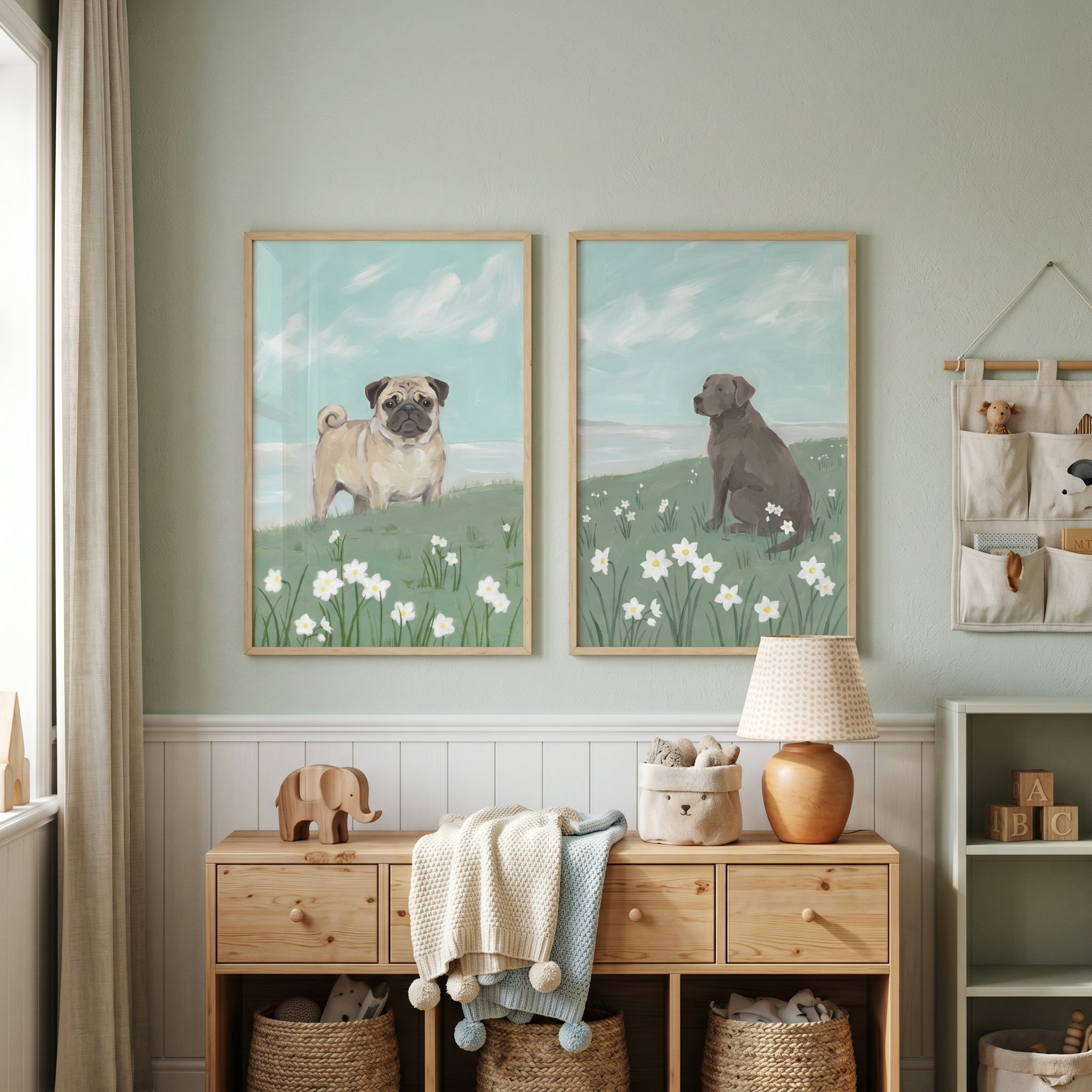 Grandmillennial Coastal Meadow Dogs Wall Art Set of 2 - Spring Meadow Dogs