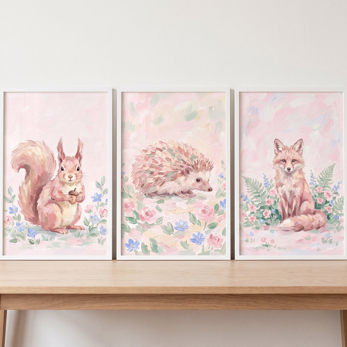 Grandmillennial Floral Forest Animals Wall Art Set of 3 - Soft Woodland Trio