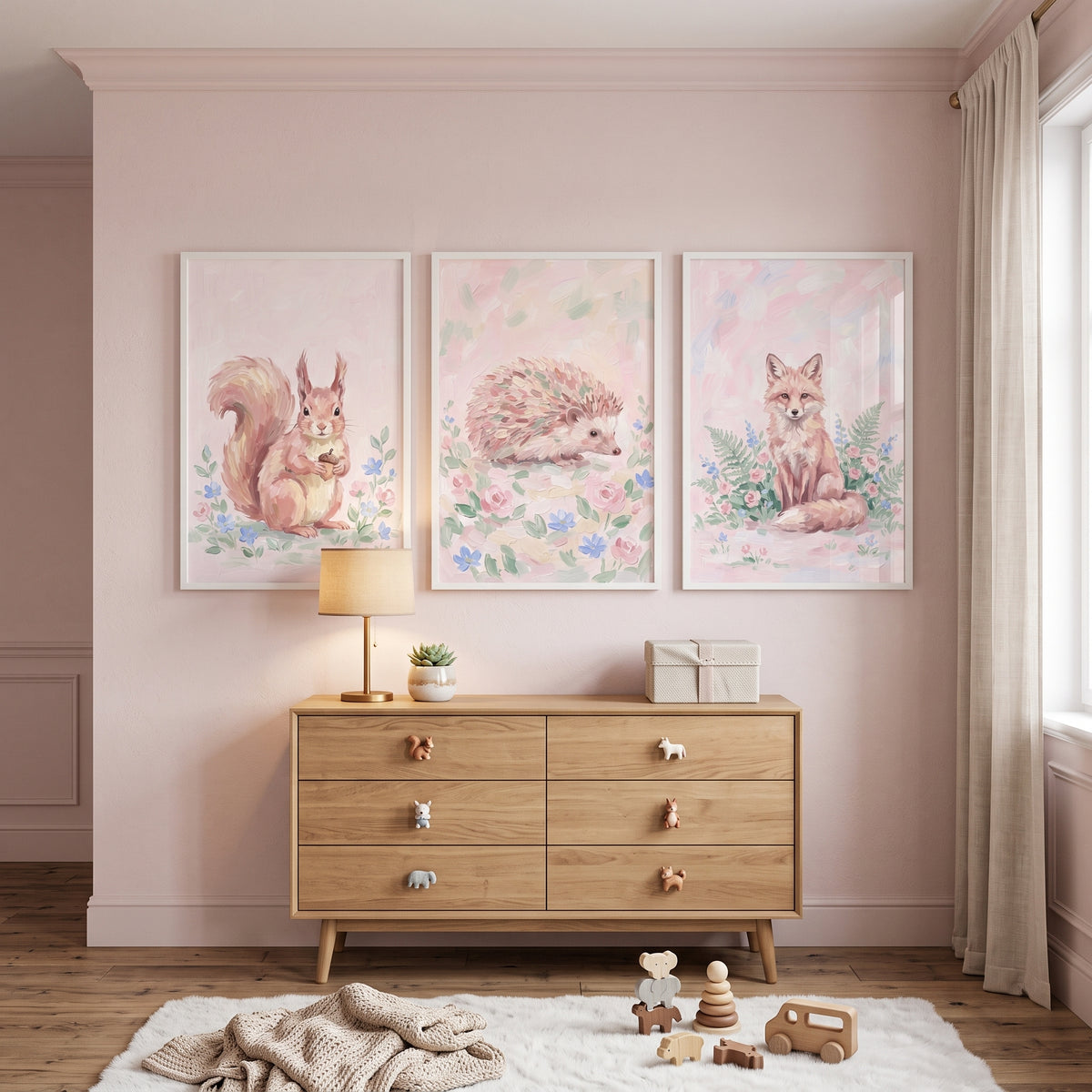 Grandmillennial Floral Forest Animals Wall Art Set of 3 - Soft Woodland Trio