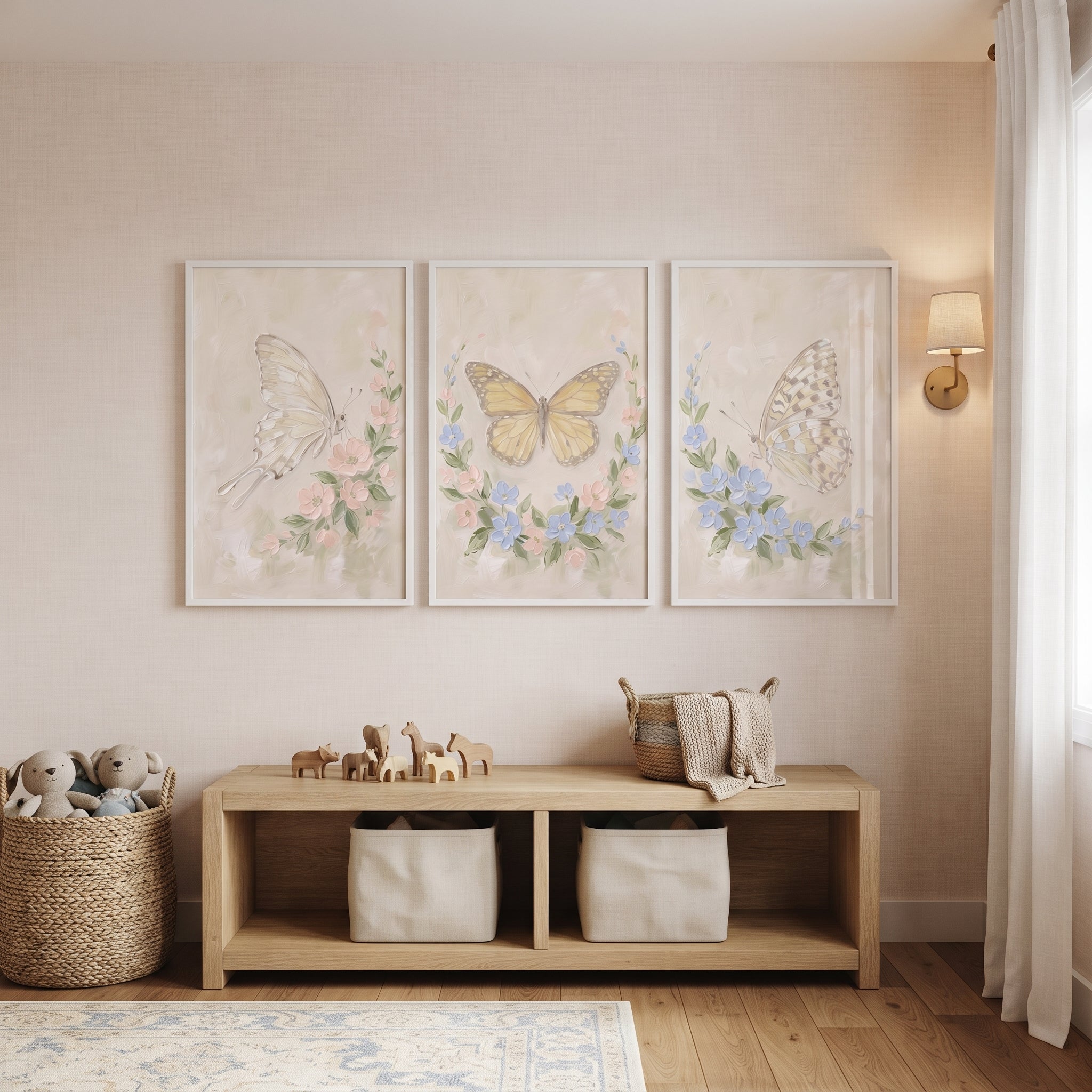 Grandmillennial Floral Garden Butterfly Wall Art Set of 3 - Whimsical Garden Flutter
