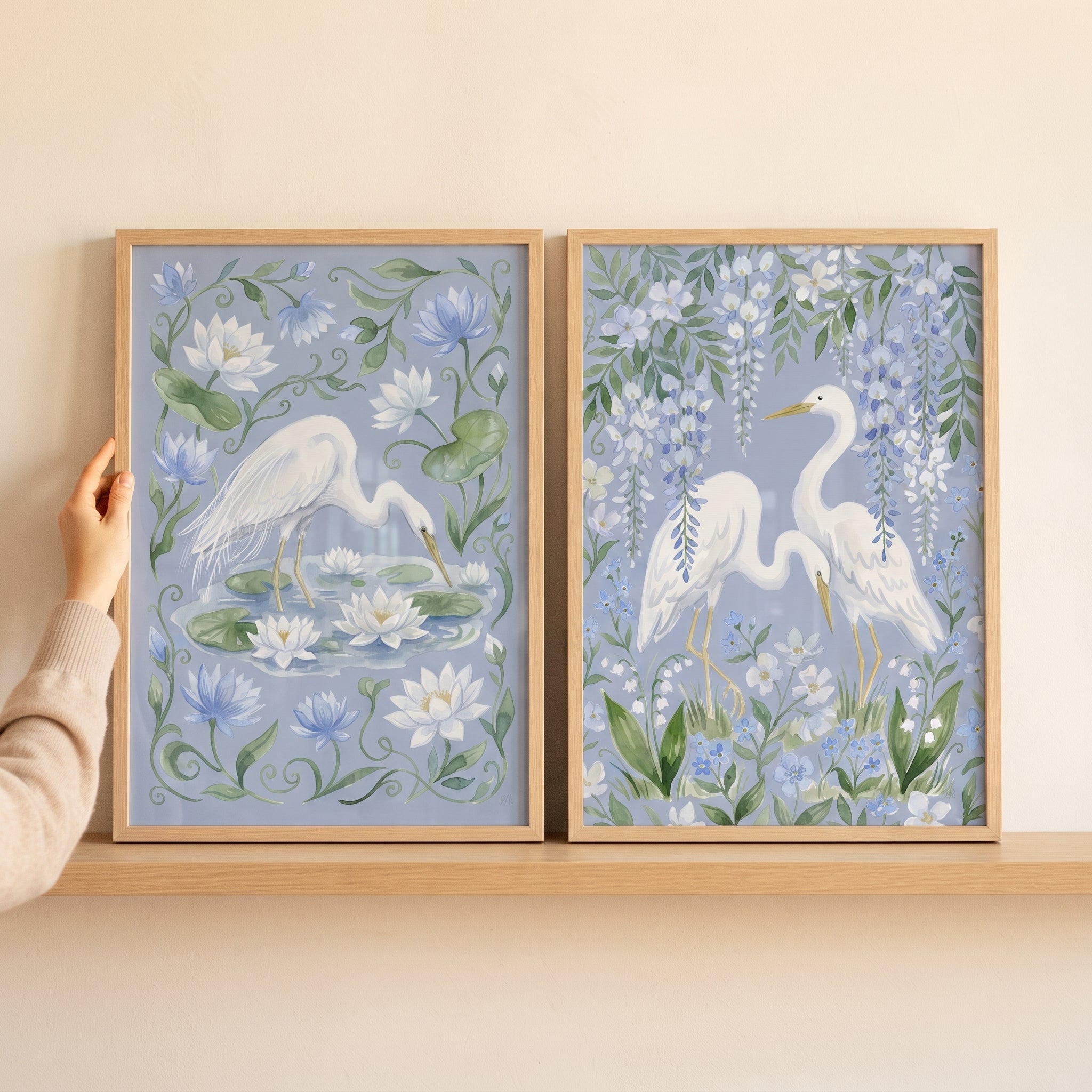 Grandmillennial Floral White Heron Bird Wall Art Set of 2 - White Egret Blooms
