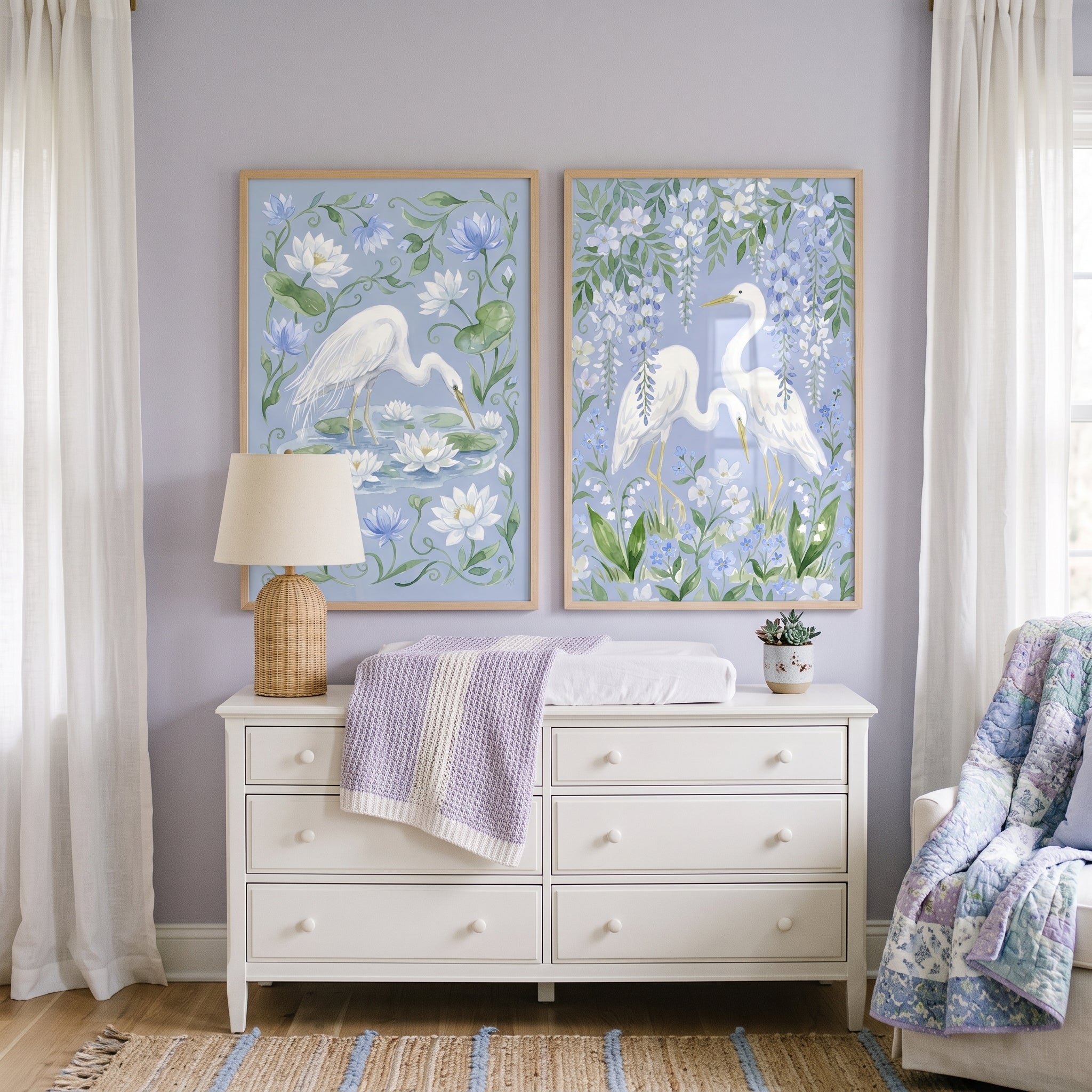 Grandmillennial Floral White Heron Bird Wall Art Set of 2 - White Egret Blooms