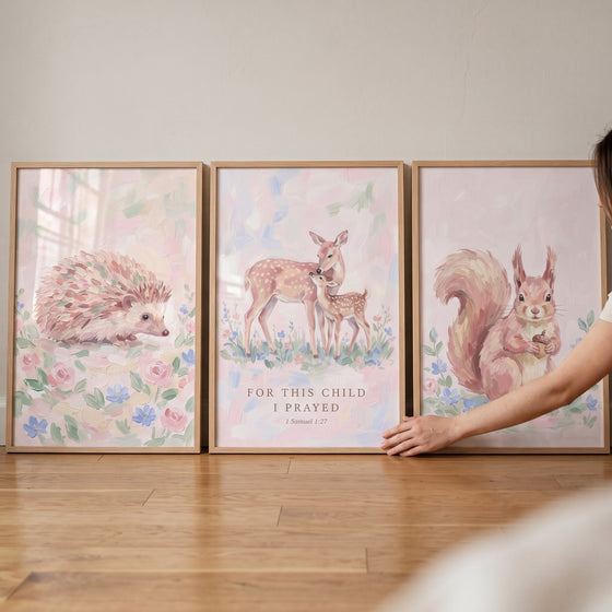 Grandmillennial garden woodland animals wall art set of 3 featuring a hedgehog, deer, and squirrel in soft floral scenes.