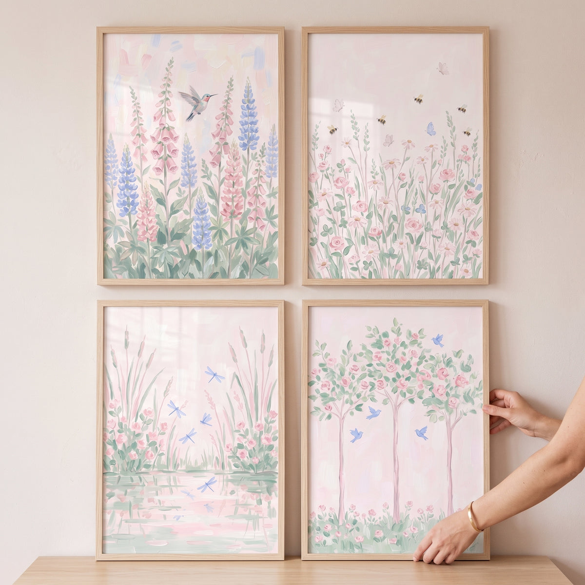 Grandmillennial pastel floral garden wall art set of 4 in light wood frames featuring soft flowers, birds, and insects.