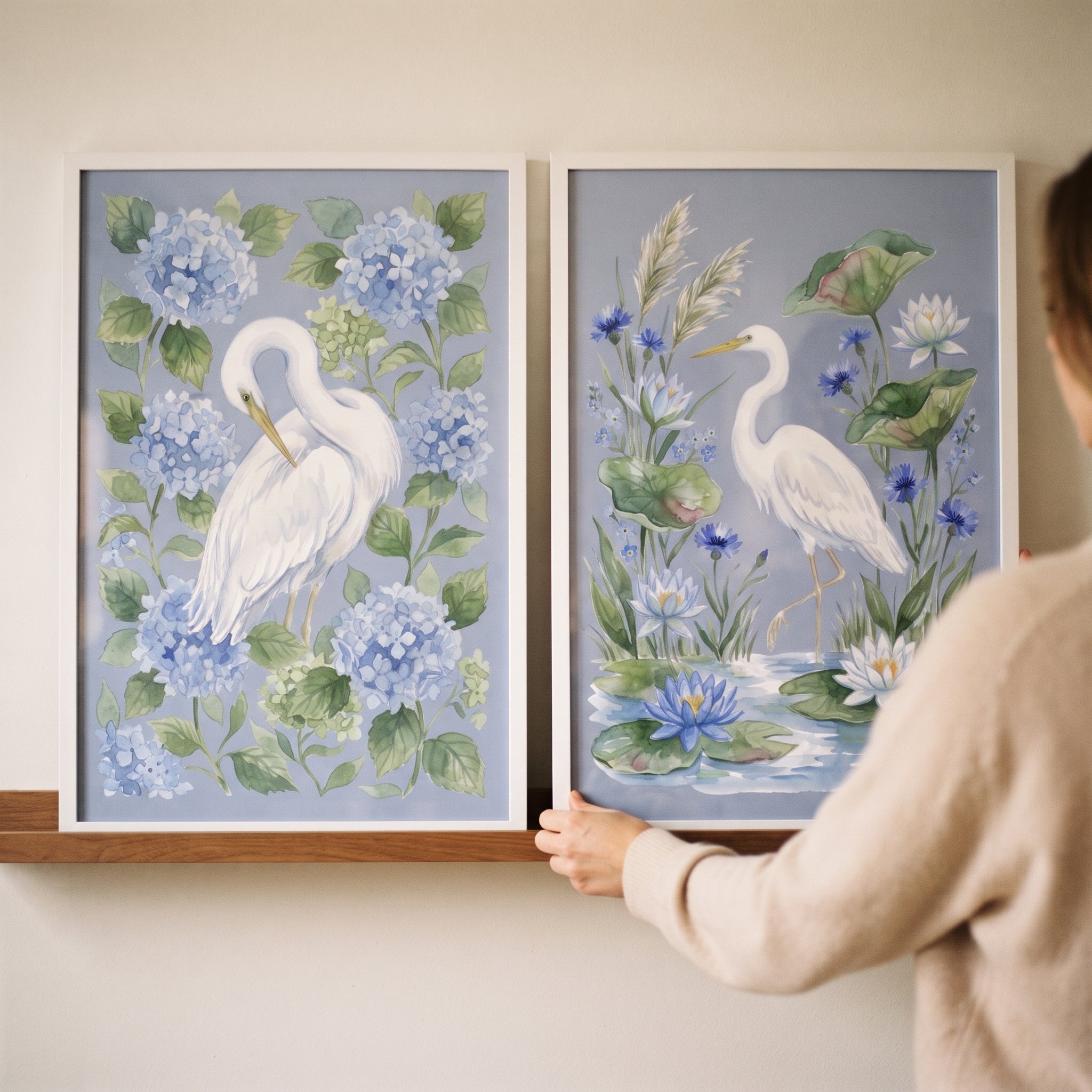 Grandmillennial Periwinkle White Heron Bird Wall Art Set of 2 - Serene Garden Egrets