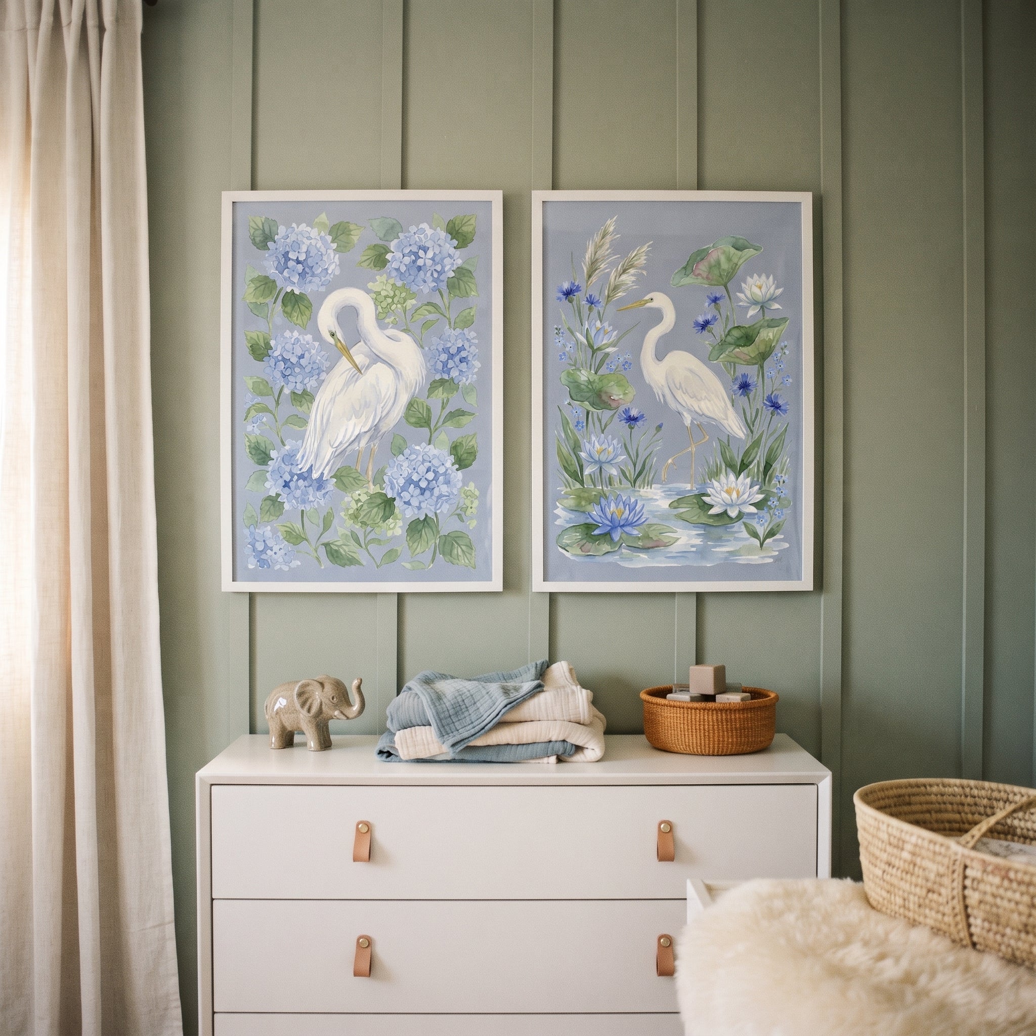 Grandmillennial Periwinkle White Heron Bird Wall Art Set of 2 - Serene Garden Egrets
