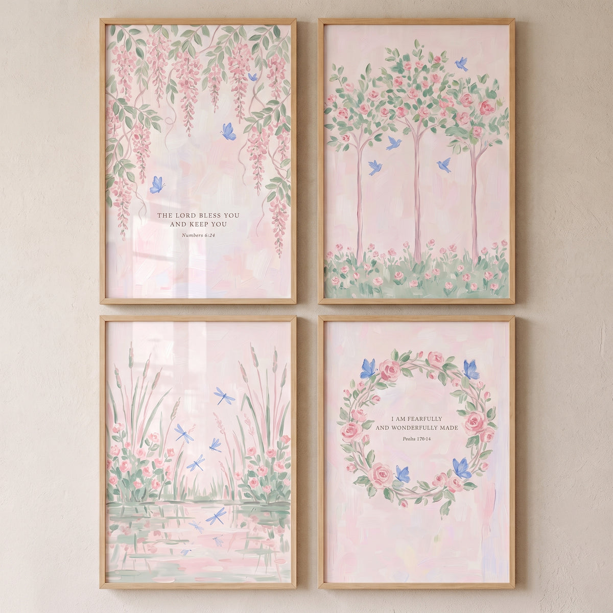 Grandmillennial Pink Botanical Garden Wall Art Set Of 4 - Serene Petal Promises