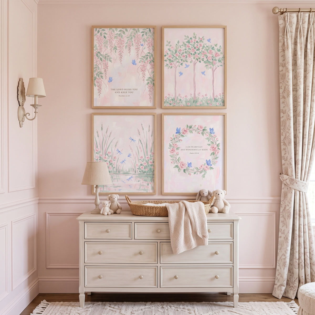 Grandmillennial Pink Botanical Garden Wall Art Set Of 4 - Serene Petal Promises