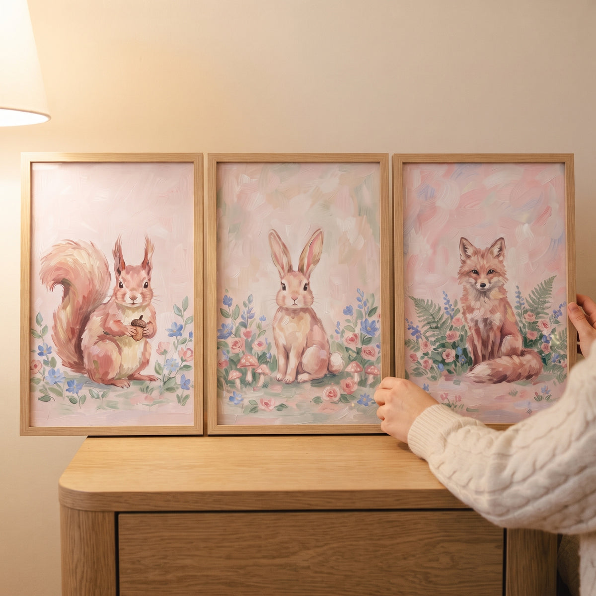Grandmillennial pink forest animals wall art set of 3 with a squirrel, rabbit, and fox on a wooden dresser.