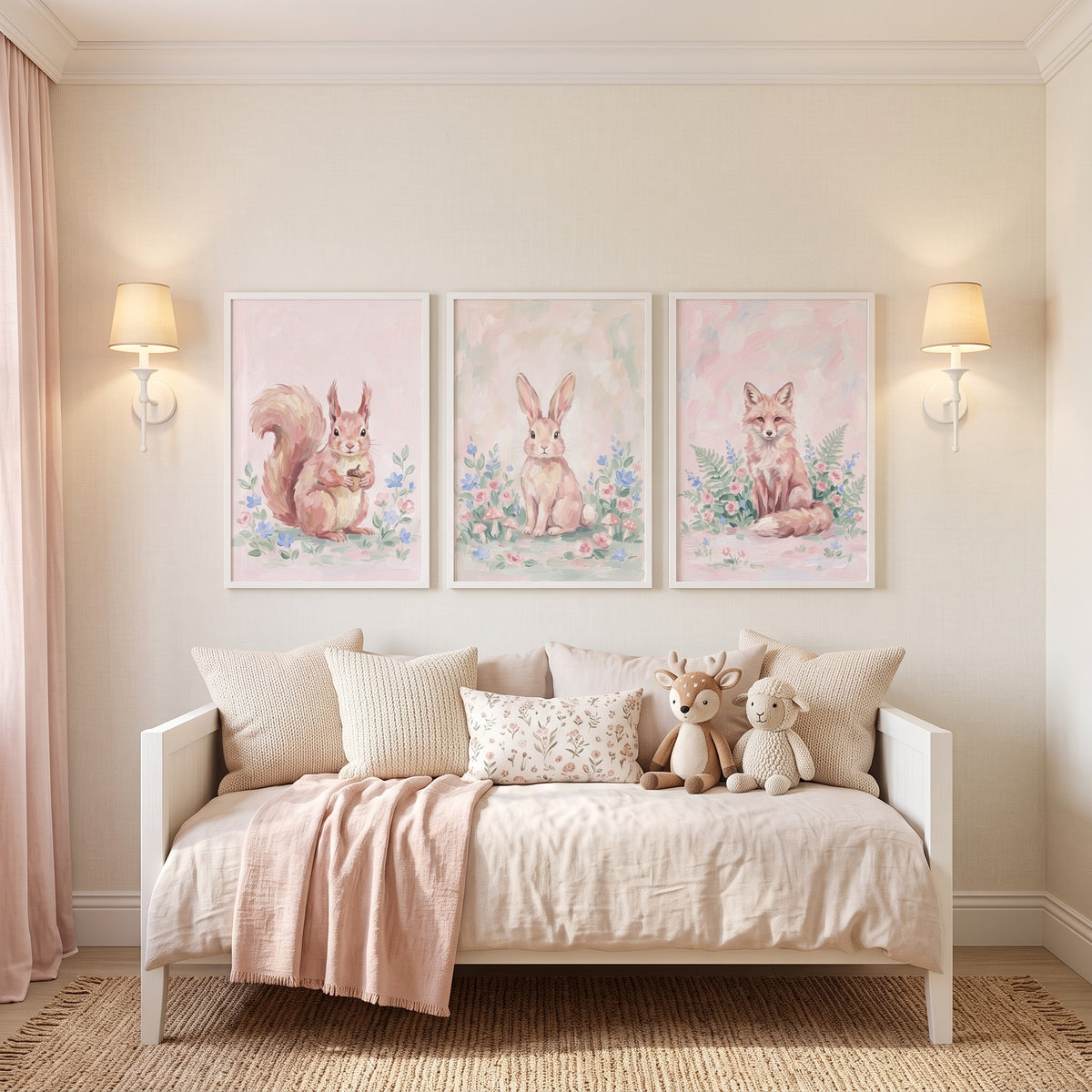 Grandmillennial Pink Forest Animals Wall Art Set of 3 - Pastel Meadow Trio