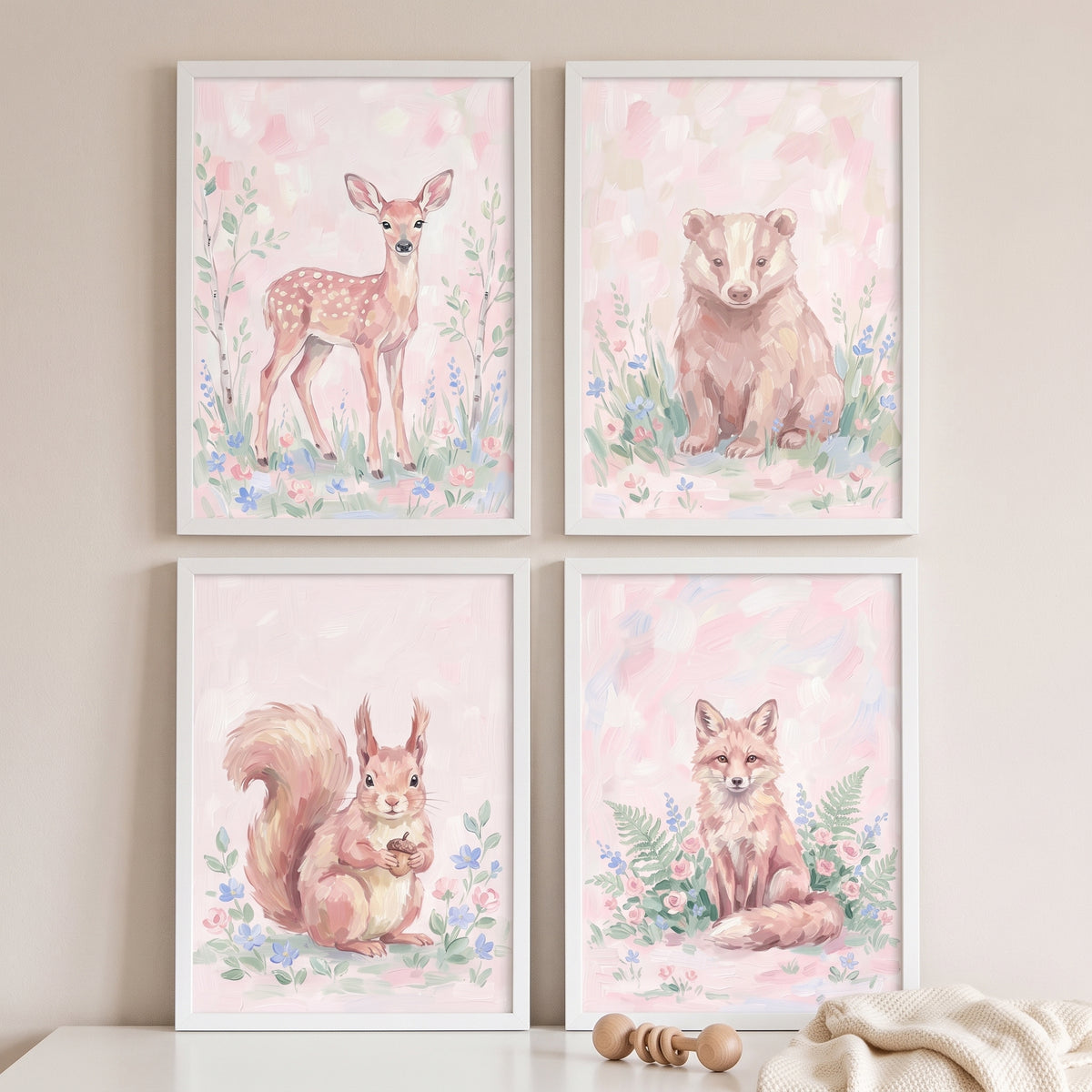 Grandmillennial pink woodland animals wall art set of 4 features a deer, badger, squirrel, and fox among soft flowers.