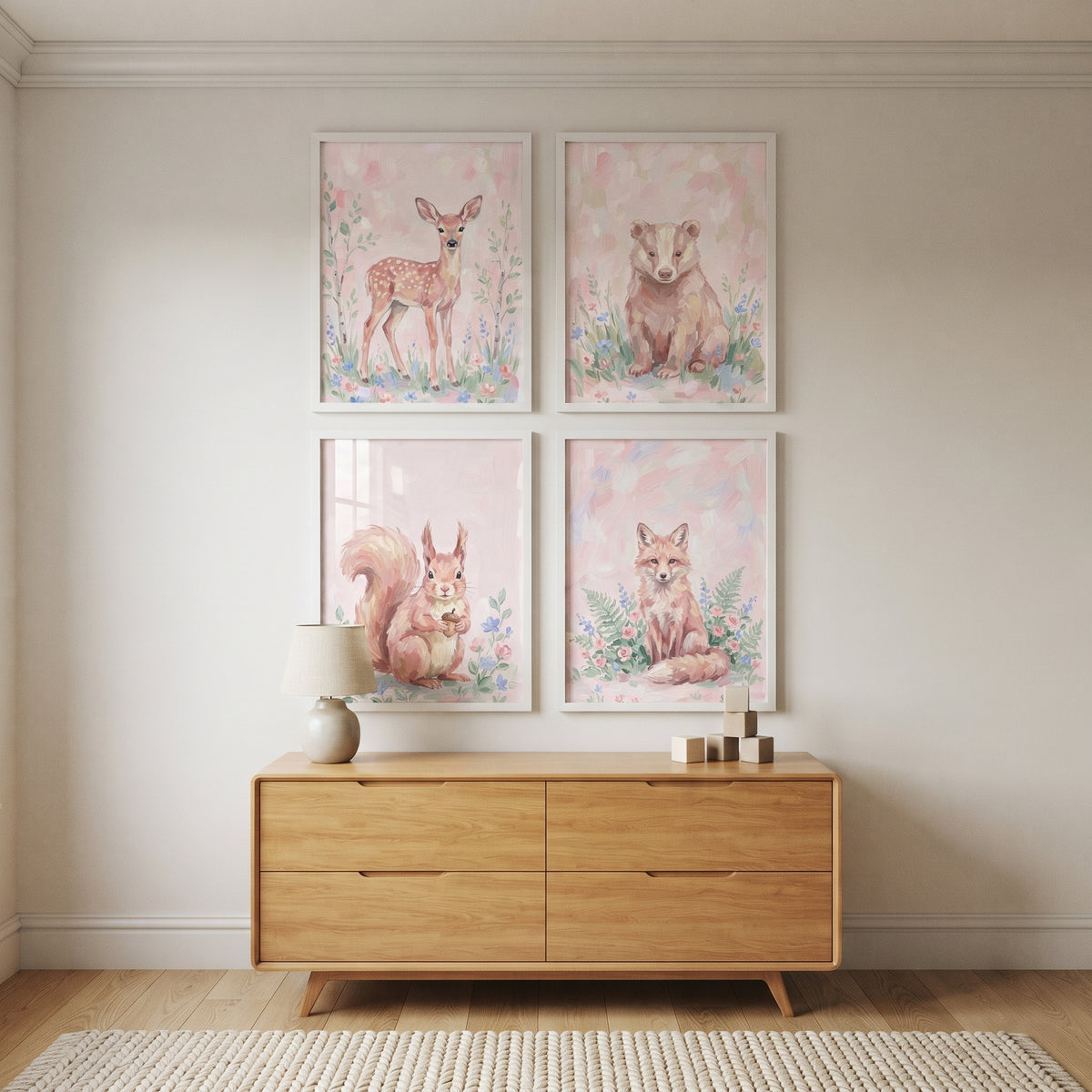 Grandmillennial Pink Woodland Animals Wall Art Set of 4 - Sweet Forest Creatures
