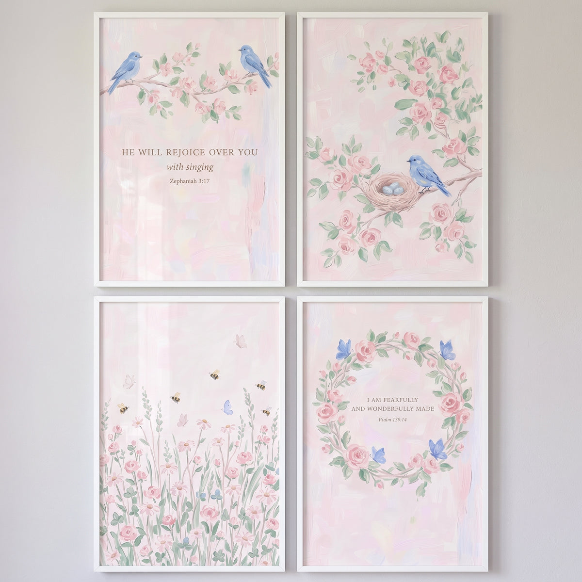 Grandmillennial rose floral garden wall art set of 4 featuring blue birds, bees, pink blossoms, and scripture verses.